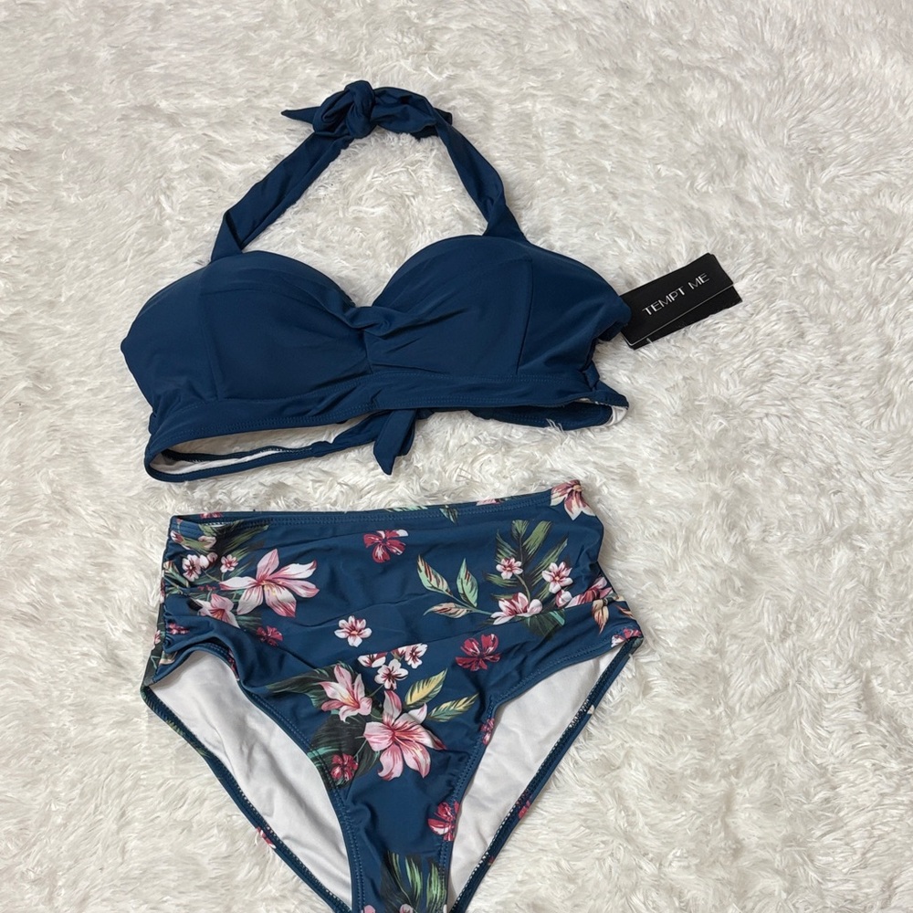 NWT Tempt Me Navy Blue Floral Print 2 Piece Bikini Set S